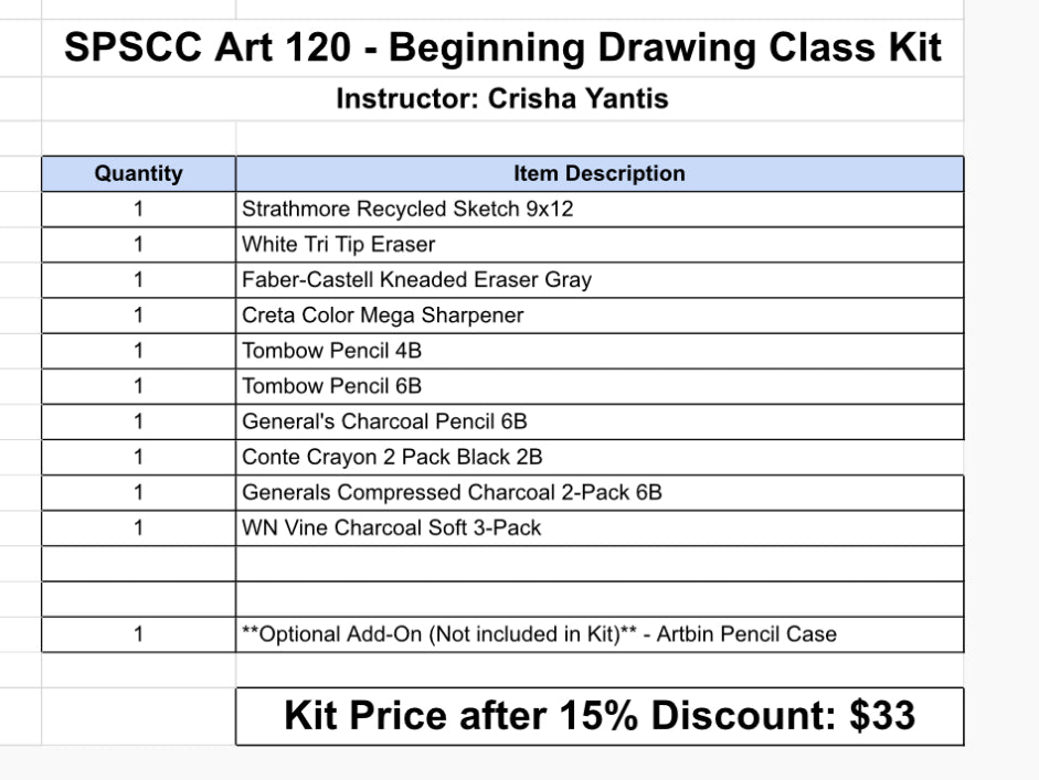 SPSCC ART 120 Beginning Drawing Kit - Instructor Crisha Yantis